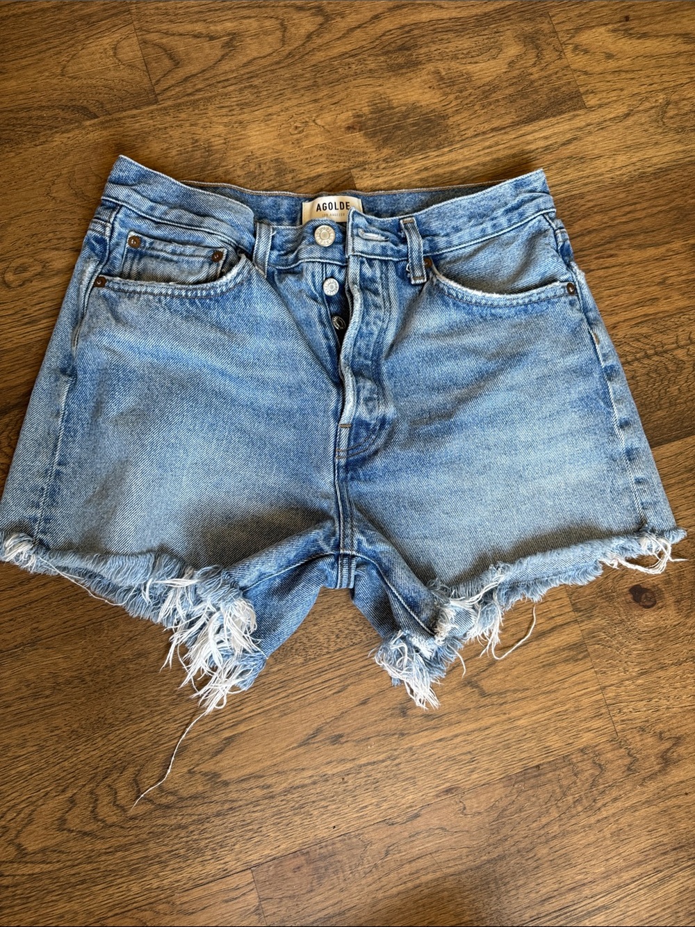 Agolde Faded Light Blue High-Rise Frayed Denim Shorts